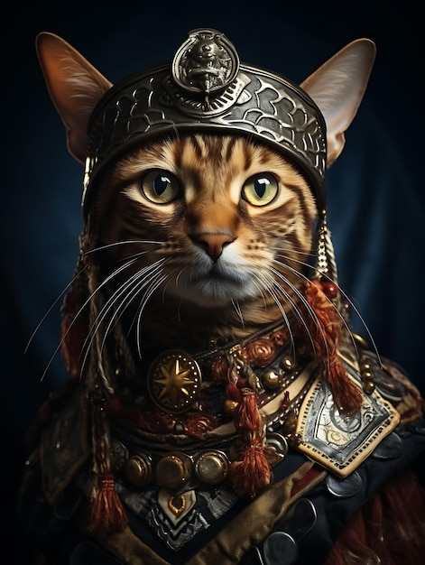 Retrato de gato abissiniano vestindo um capacete viking para um traje festivo nórdico Midsumme Pet Photo
