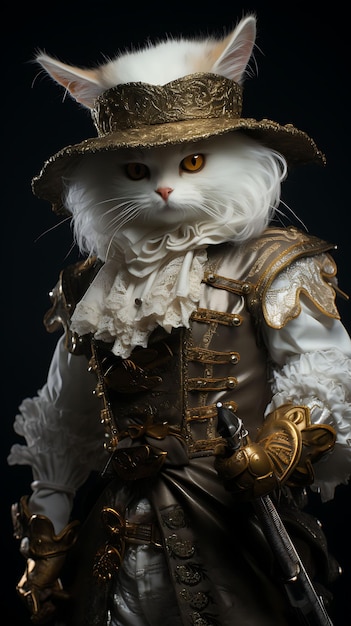 Retrato de gato arrojado pirata persa fantasia de mosqueteiro chapéu emplumado R coleções de artes de animais