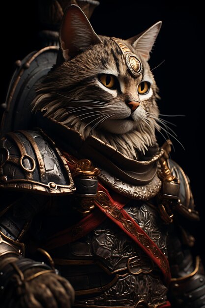 Retrato de Gato Atrevido Pirata Americano de Cabelo Curto Vestuário de Gladiador capacete Design de Moda Vestuário Arte