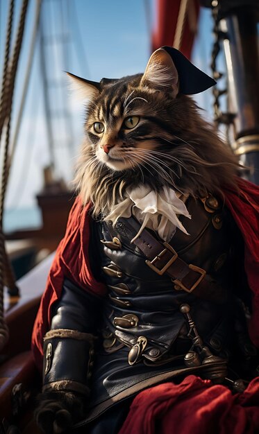 Retrato de Gato Aventureiro Capitão Pirata de Bengala Traje Chapéu Tricórnio Design de Moda Arte de Trajes