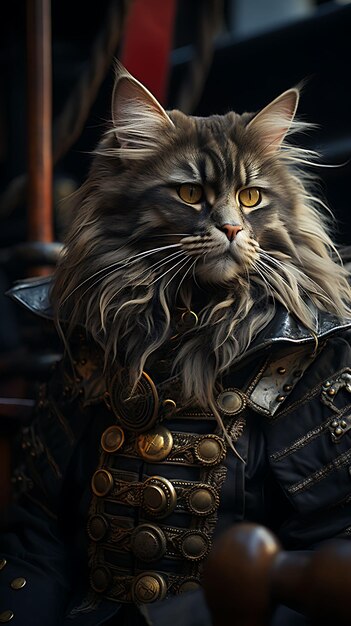 Retrato de gato aventureiro Maine Coon Capitão de navio pirata Traje Tr Design de moda Arte de trajes