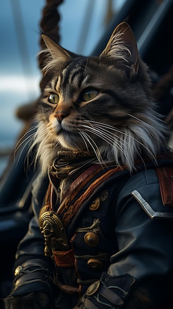 Retrato de gato aventureiro Maine Coon Capitão de navio pirata Traje Tr Design de moda Arte de trajes