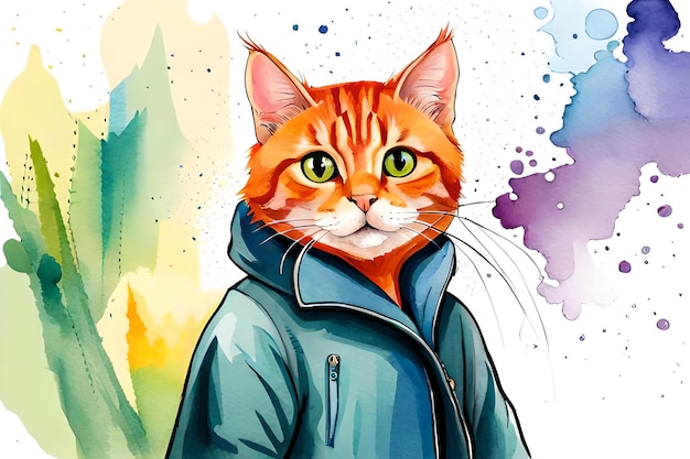Retrato de gato bonito de desenho animado em aquarela de casaco