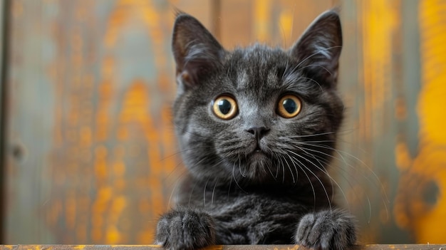 Retrato de gato britânico de pelo curto olhando chocado ou surpreso em fundo laranja com copyspace