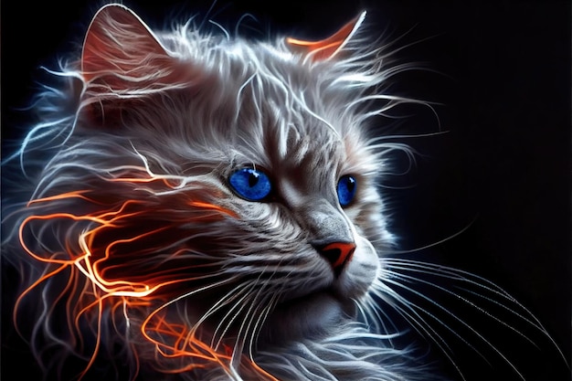 Retrato de gato com pêlo brilhante neon contra fundo escuro feito com Generative AI
