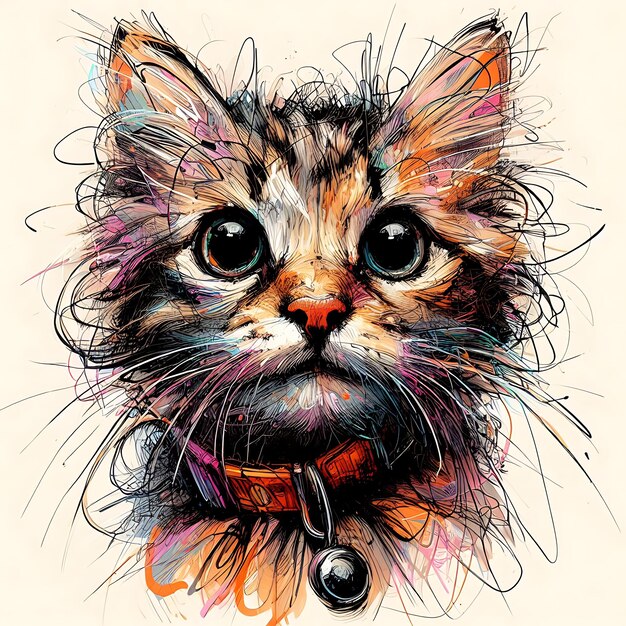 Retrato de gato criado com ilustração de fundo de linhas complexas e rápidas