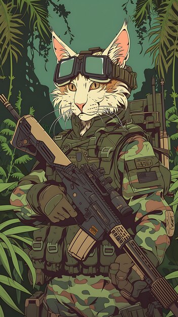 Retrato de gato da floresta norueguesa com um rifle de atirador cibernético e um flyer de cartaz cibernético Ca