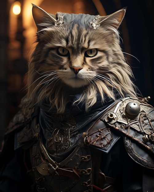 Retrato de gato da floresta norueguesa vestido como um cavaleiro para um traje festivo renascentista