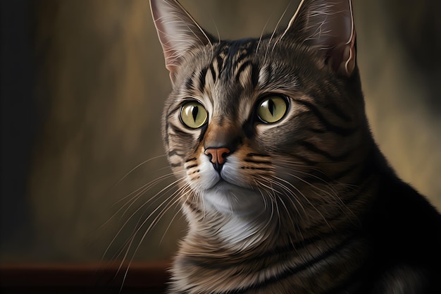 Retrato de gato doméstico com pele malhada ao ar livre com arte gerada por rede neural de fundo escuro