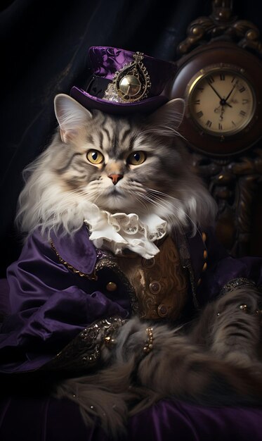 Retrato de Gato Elegante Pirata Persa Aristocrata Vestuário de penas H Design de moda Vestuário Arte