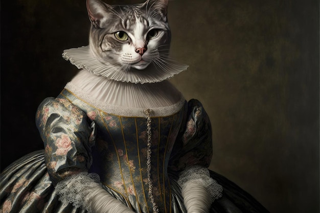 Retrato de gato em um vestido vitoriano