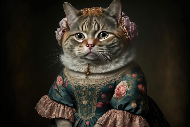 Retrato de gato em um vestido vitoriano