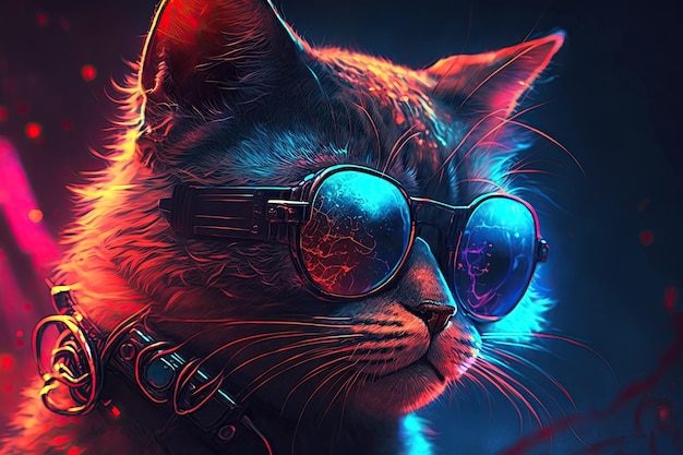 Retrato de gato estiloso em óculos de sol cyberpunk com ilustração de IA generativa de luz neon
