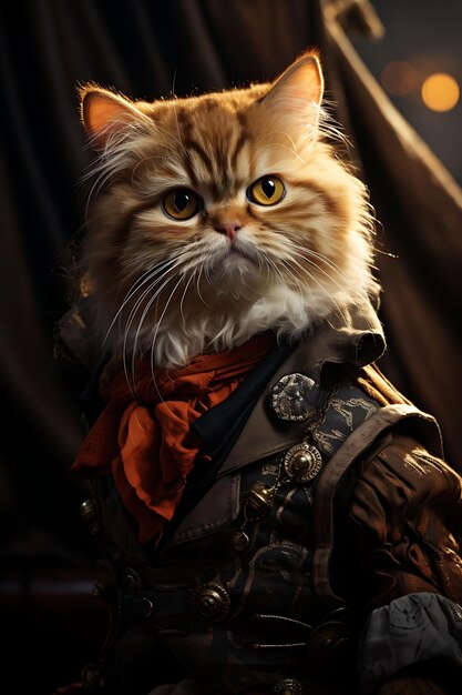 Retrato de gato exótico de cabelo curto vestido como pirata para uma foto de traje festivo de animais de estimação com tema de pirata