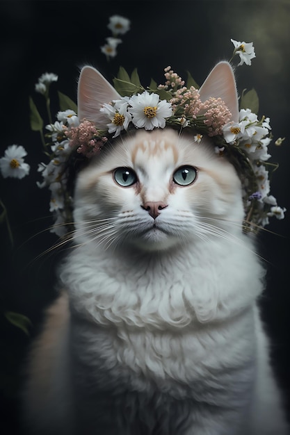 Retrato de gato fofo branco em uma coroa de flores brancas na cabeça em fundo preto