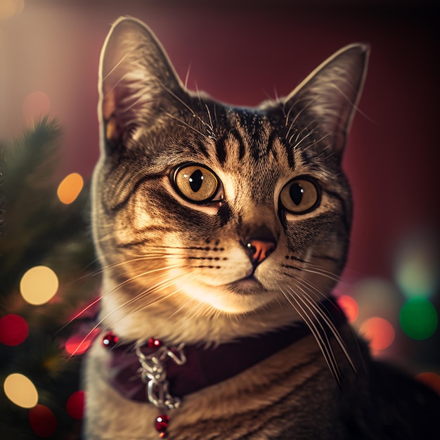 Retrato de gato ilumina bolas decoração de árvore de natal