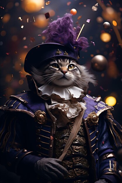 Foto retrato de gato malvado trapaceiro pirata somali vestuário de penas design de moda arte de vestuário