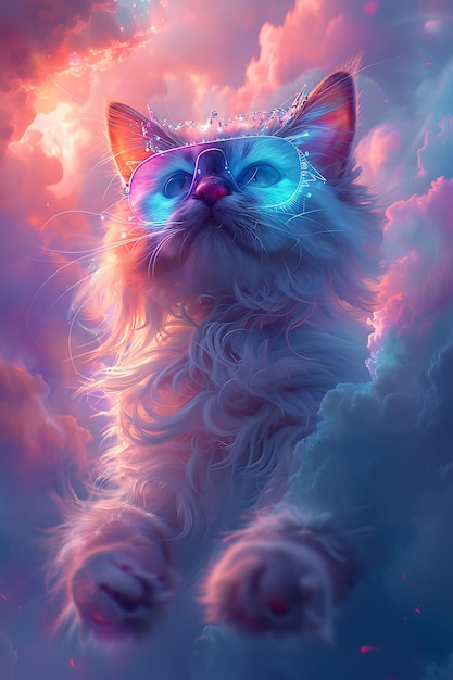 Retrato de gato Ragdoll com um vestido holográfico e asas brilhantes Weari Cyber Poster Banner Flyer