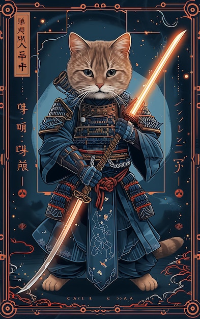 Retrato de Gato Ragdoll com uma armadura futurista de samurai empunhando um Glowi Cyber Poster Banner Flyer