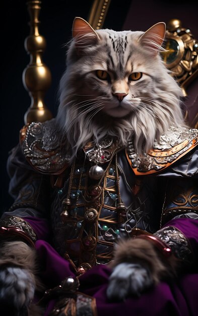 Foto retrato de gato real floresta norueguesa rei pirata vestuário coroa vestuário moda design vestuário arte