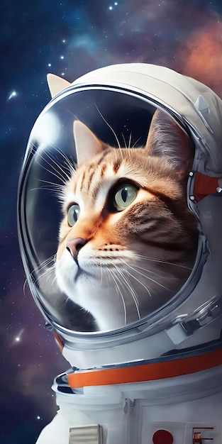 Retrato de gato realista astronauta em ilustração surreal espacial