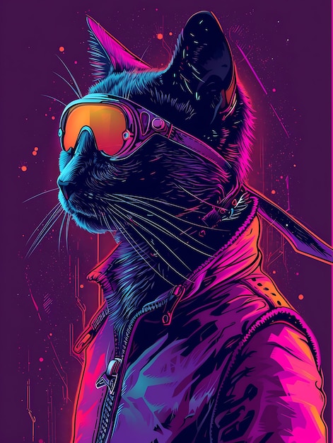 Retrato de gato siamês com casaco de pele de néon usando uma visora futurista um cartaz cibernético