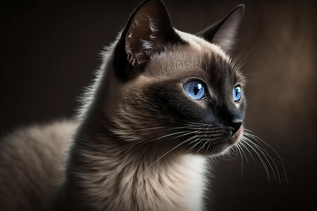 Retrato de gato siamês com olhos azuis em fundo escuro Generative AI