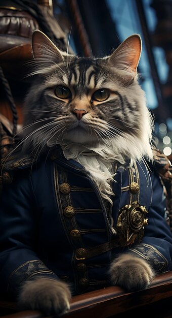 Retrato de gato sofisticado Pirata britânico de cabelo curto Traje de almirante Design de moda Arte de trajes