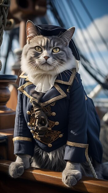 Foto retrato de gato sofisticado pirata britânico de cabelo curto traje de almirante design de moda arte de trajes