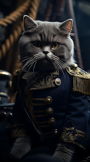 Retrato de gato sofisticado Pirata britânico de cabelo curto Traje de almirante Design de moda Arte de trajes