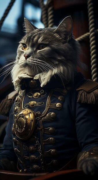 Foto retrato de gato sofisticado pirata britânico de cabelo curto traje de almirante design de moda arte de trajes