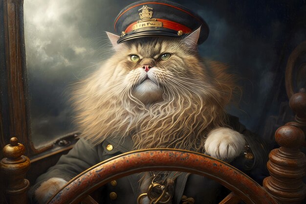 Retrato de gato vestido de capitão do mar no leme generativo ai