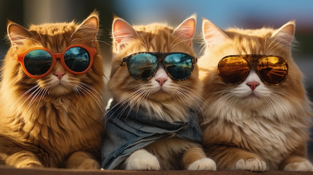 Foto retrato de gatos com óculos de sol animais engraçados em grupo juntos olhando para a câmera vestindo roupas se divertindo juntos tirando uma selfie um momento inusitado cheio de diversão e consciência fashion