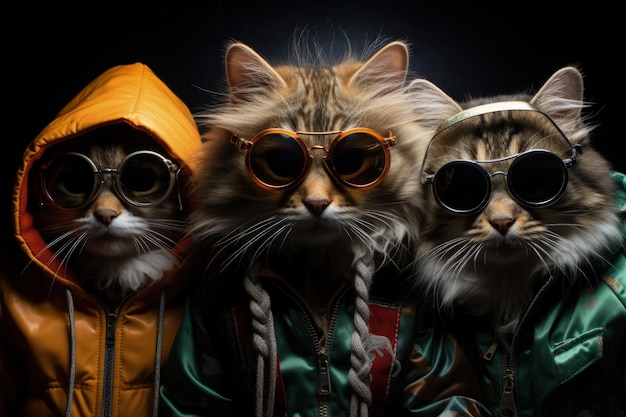 retrato de gatos com óculos de sol Animais engraçados em grupo juntos olhando para a câmera vestindo roupas se divertindo juntos tirando uma selfie Um momento inusitado cheio de diversão e consciência fashion