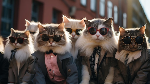 Foto retrato de gatos com óculos de sol animais engraçados em grupo juntos olhando para a câmera vestindo roupas se divertindo juntos tirando uma selfie um momento inusitado cheio de diversão e consciência fashion