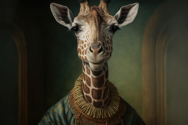 Retrato de girafa em um vestido vitoriano