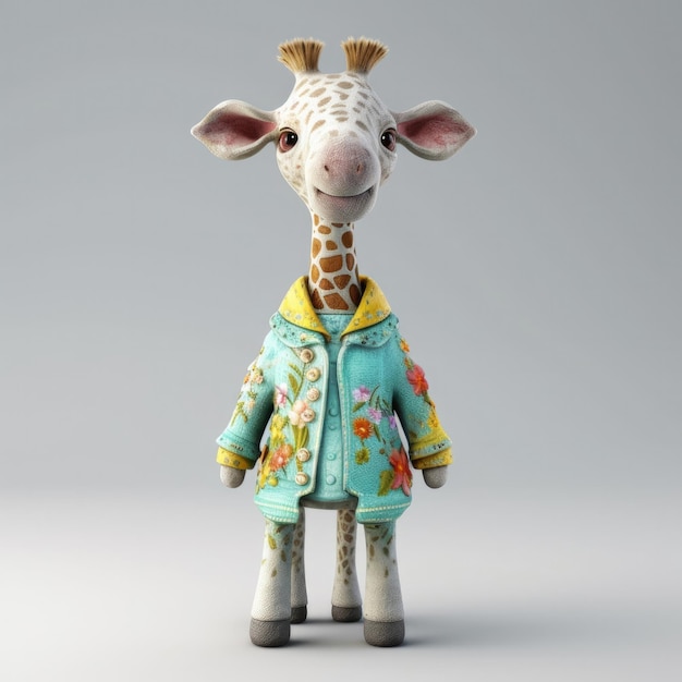 Retrato de Giraffie de desenho animado 3D vestindo roupas, óculos, chapéu, jaqueta, em pé na frente