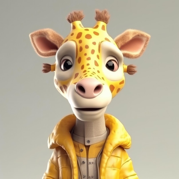 Retrato de Giraffie de desenho animado 3D vestindo roupas, óculos, chapéu, jaqueta, em pé na frente