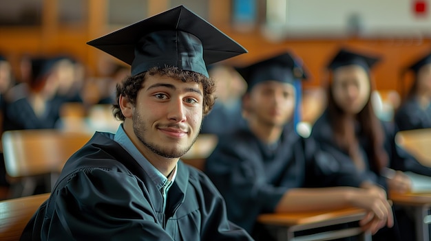 Retrato de graduado sorridente em vestido e chapéu jovem na sala de aula