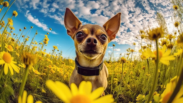 Retrato de grande angular de cachorro chihuahua em um campo de flores, closeup extremo, IA generativa