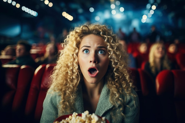 Foto retrato de grande ângulo de menina loira encaracolada assustada ou surpreendida por um filme enquanto come pipoca no cinema