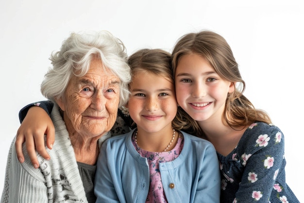 Retrato de grupo de avó e netas isoladas em fundo branco