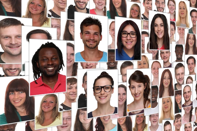 Foto retrato de grupo de colagem de fundo de jovens sorridentes