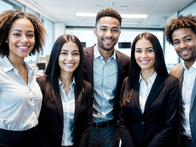 Foto retrato de grupo de diversos jovens empresários multirraciais sorridentes posando juntos no escritório felizes