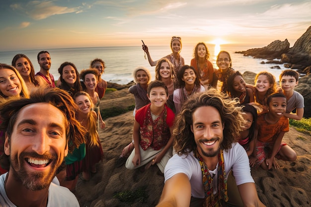 Retrato de grupo de família e amigos felizes em frente ao mar Conceito de férias