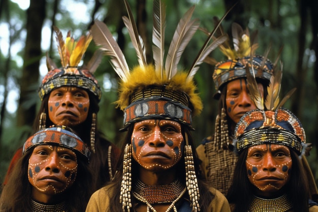Foto retrato de grupo de indígenas na amazônia com pinturas rituais em rostos generative ai