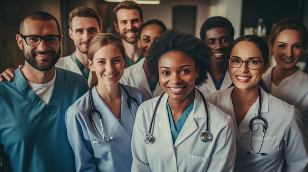 Retrato de grupo de médicos e abaixo em círculo sorriso e trabalho em equipe para os cuidados de saúde