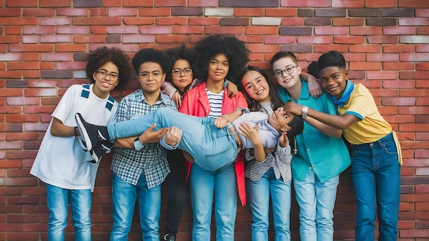 Retrato de grupo de meninos e meninas multiétnicas com roupas coloridas e à moda segurando posi de amigos