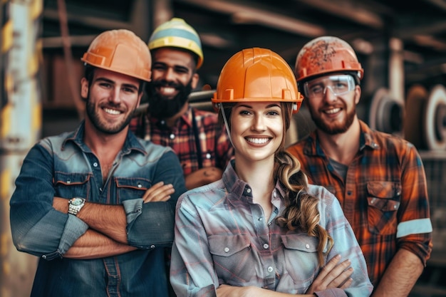Retrato de grupo de trabalhadores da construção sorrindo