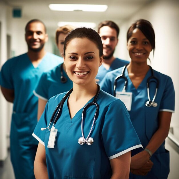 Foto retrato de grupo de trabalhadores de saúde no corredor do hospital